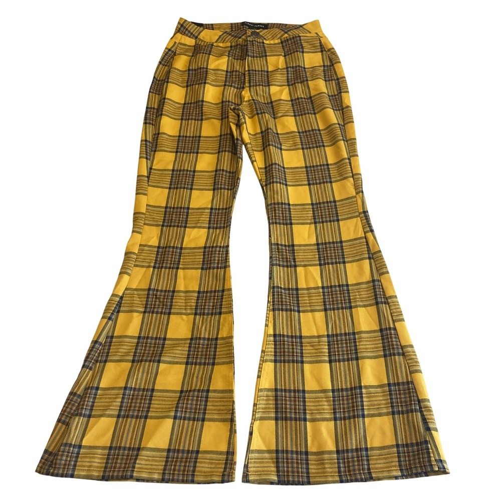 NEW Almost Famous Bell Bottoms 3 (27x30.5) Yellow Plaid 90s Flare Pants Tartan